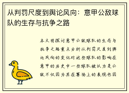 从判罚尺度到舆论风向：意甲公敌球队的生存与抗争之路